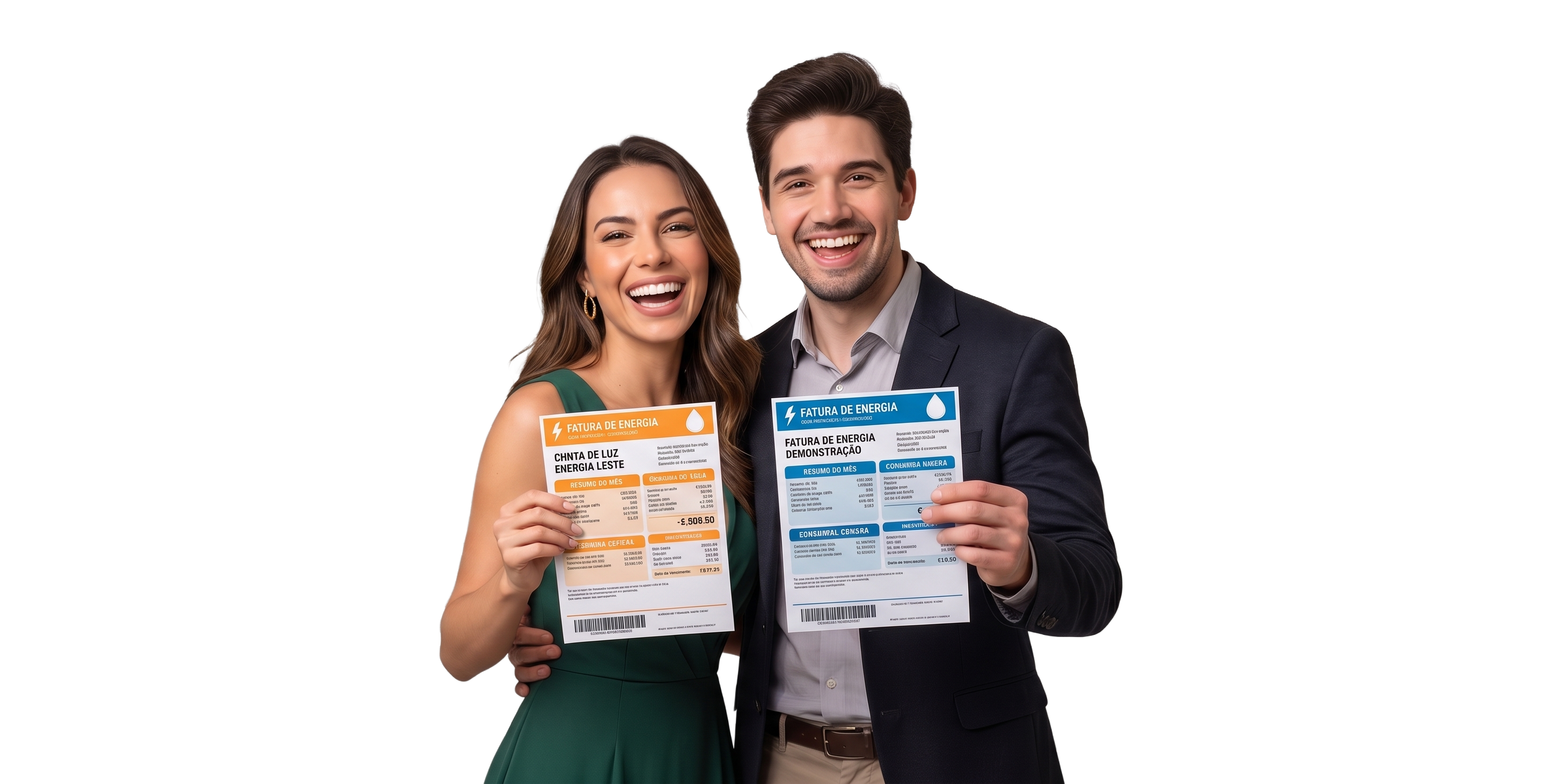 Casal sorrindo enquanto segura faturas de energia com desconto